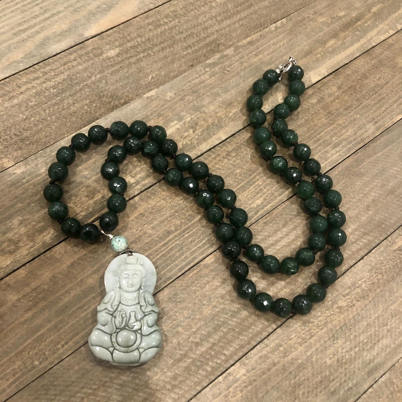 Large Quan Yin jade on 10mm agate necklace 24” #jade... - Depop