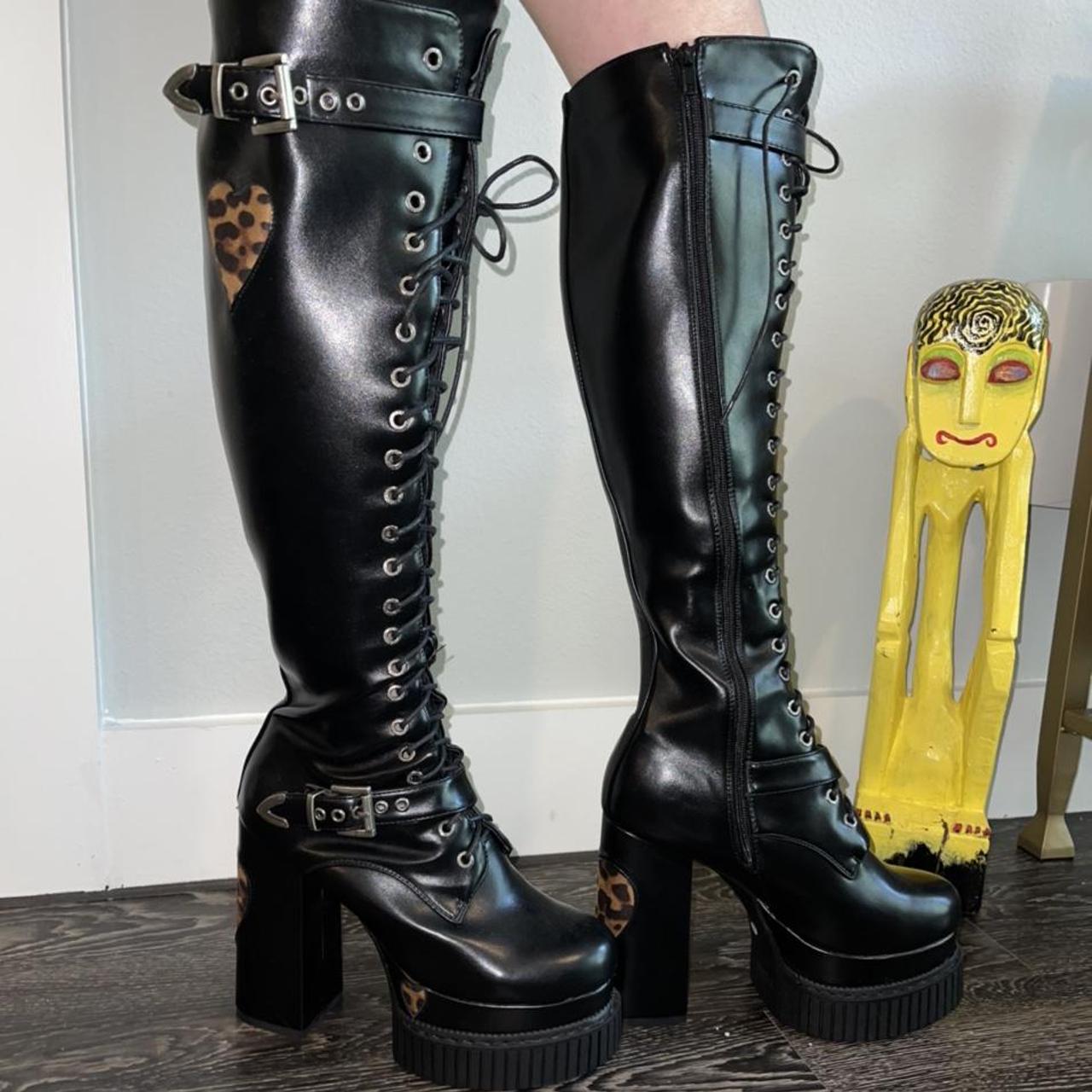 leopard crawl knee high platform creeper boots