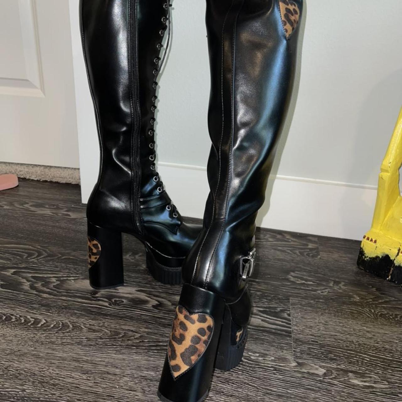 leopard crawl knee high platform creeper boots