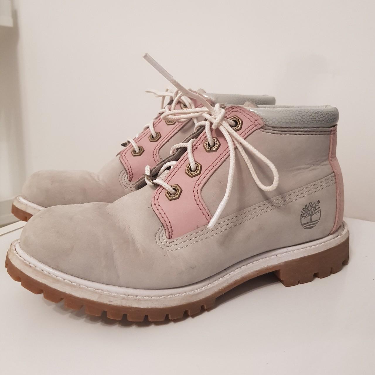 Grey and 2025 pink timberlands