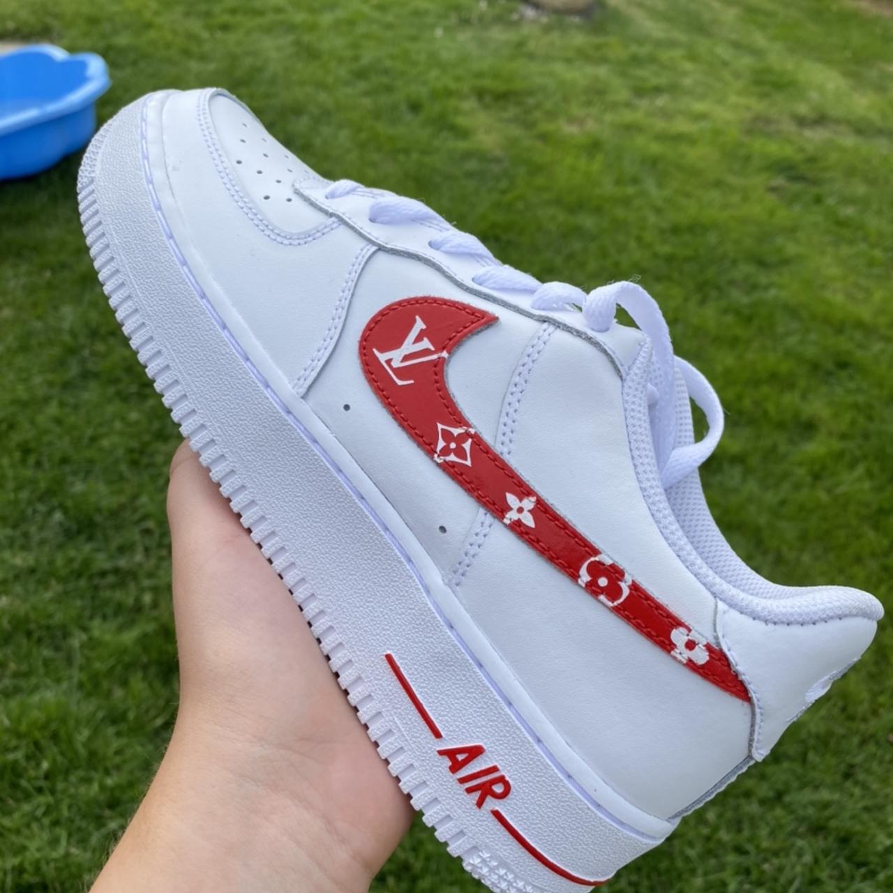 Nike Air Force 1 Custom Red/White Louis Vuitton size - Depop