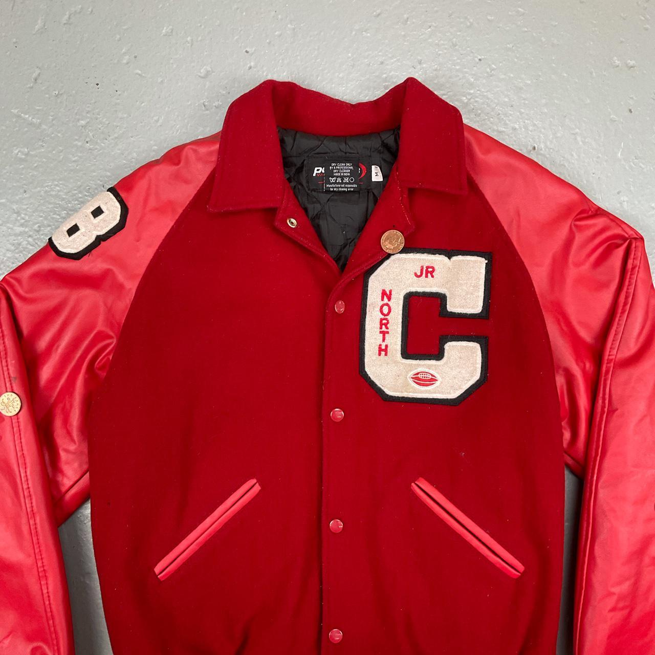 Vintage baseball/varsity style jacket in red wool... - Depop