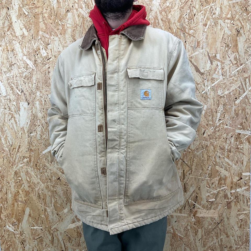 Carhartt vintage workwear jacket in tan. Brown... - Depop