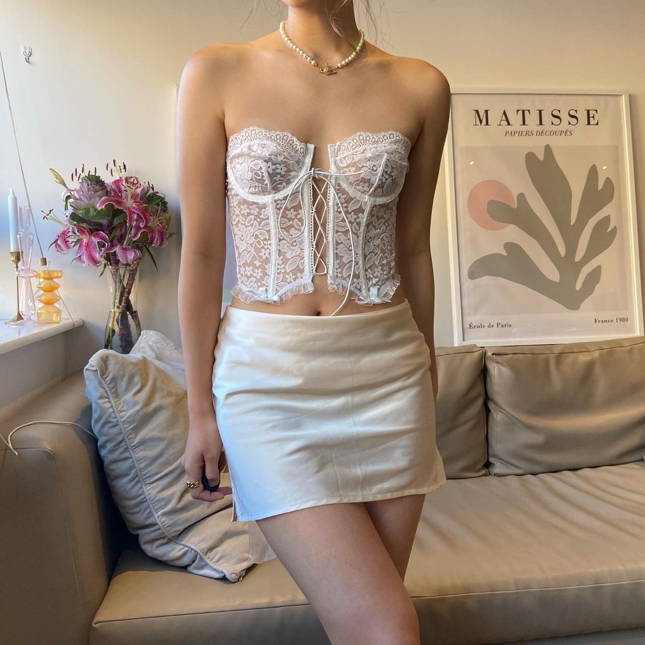 Strapless corset crop top lace mesh detailing ribbon... - Depop
