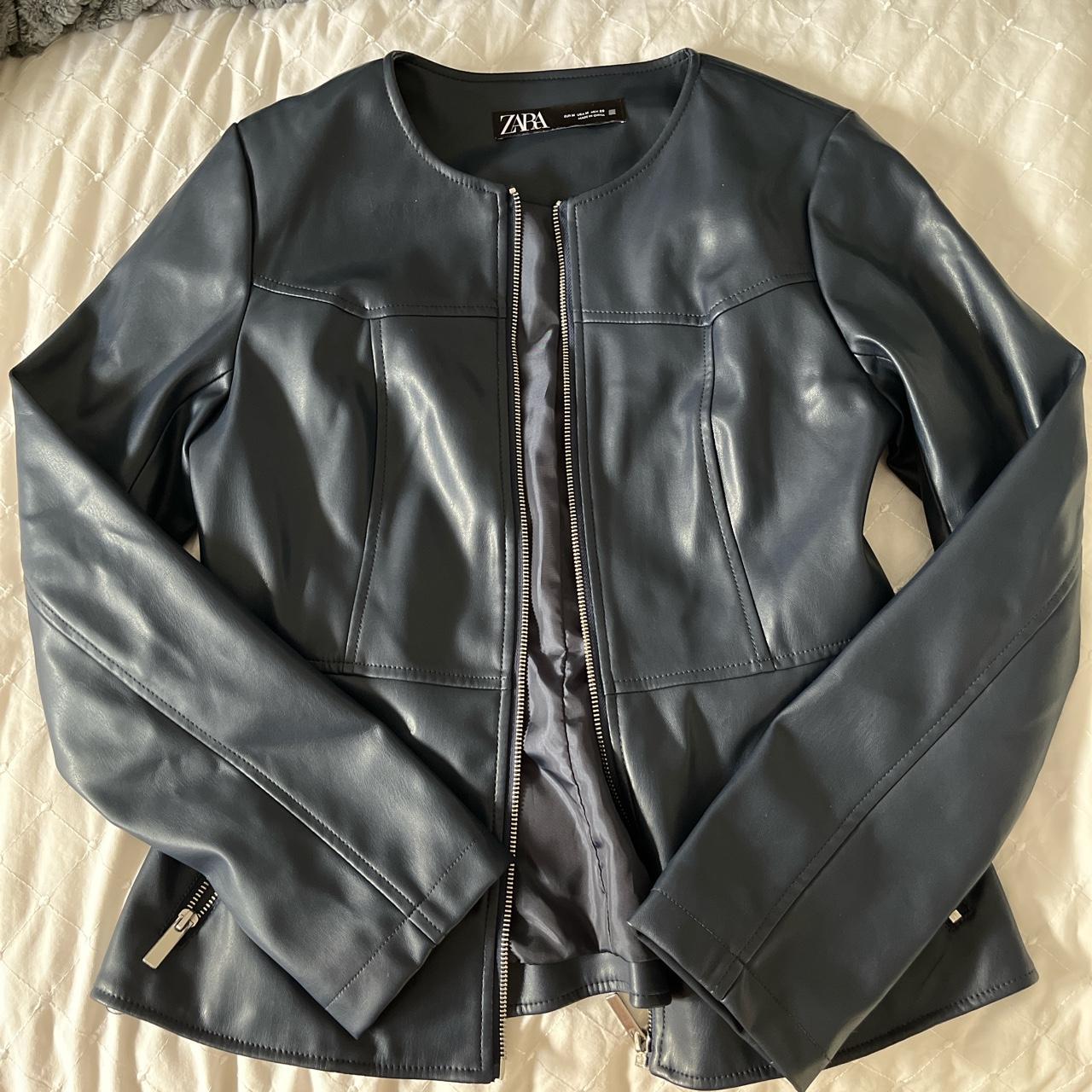 Zara navy faux leather jacket 🫶🏼 beaut & barely worn... - Depop