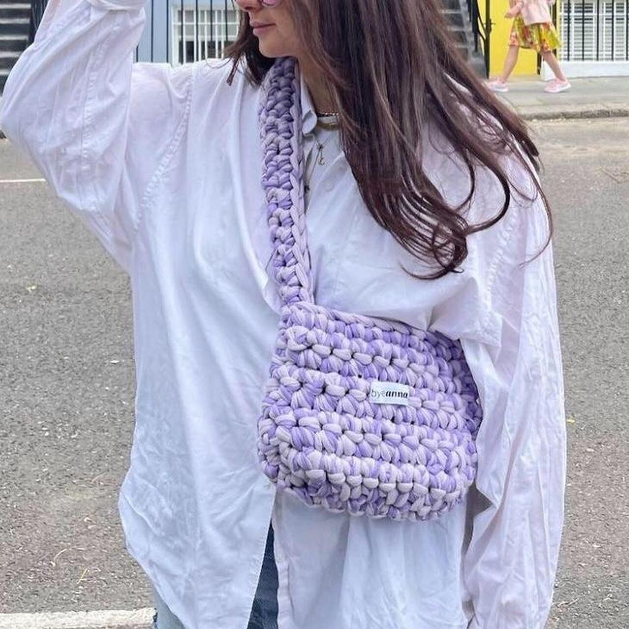 Crochet crossbody pastel purple sling bag HANDMADE... - Depop