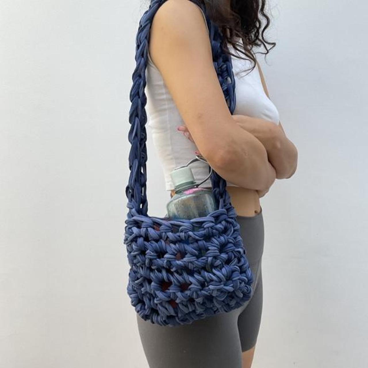 Navy and blue crossbody crochet sling bag bag... - Depop