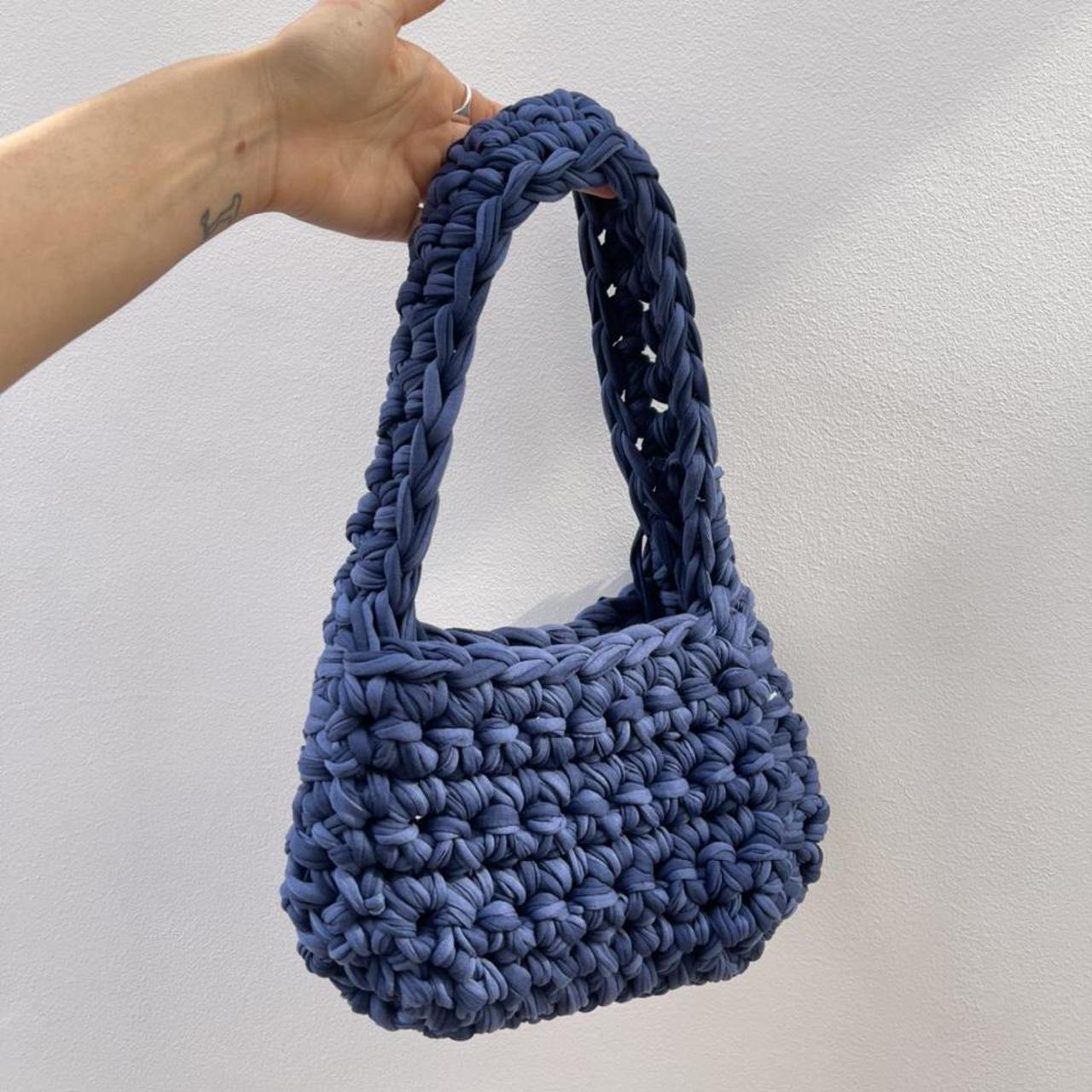 Navy and blue chunky crochet shoulder bag handmade... - Depop