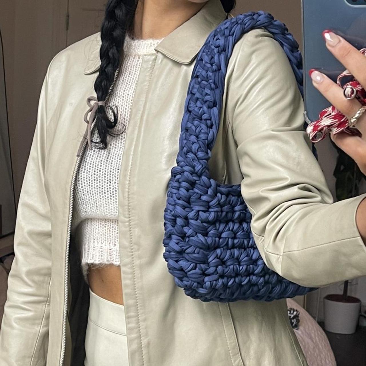 Navy and blue chunky crochet shoulder bag handmade... - Depop