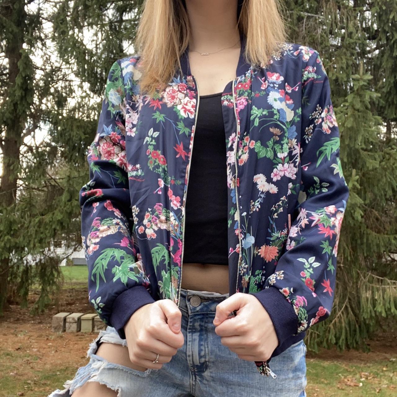 Navy Blue Floral Print Bomber Jacket Navy