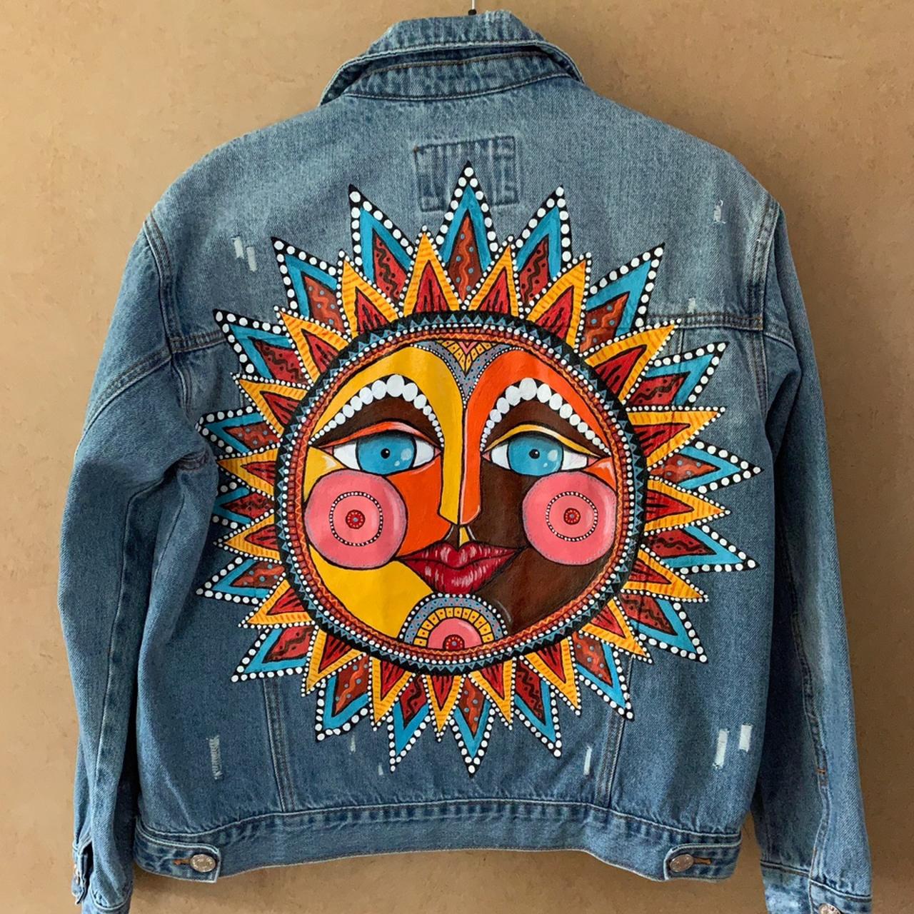 Custom hand painted denim jacket, colorful sunrise — Melting Miltons