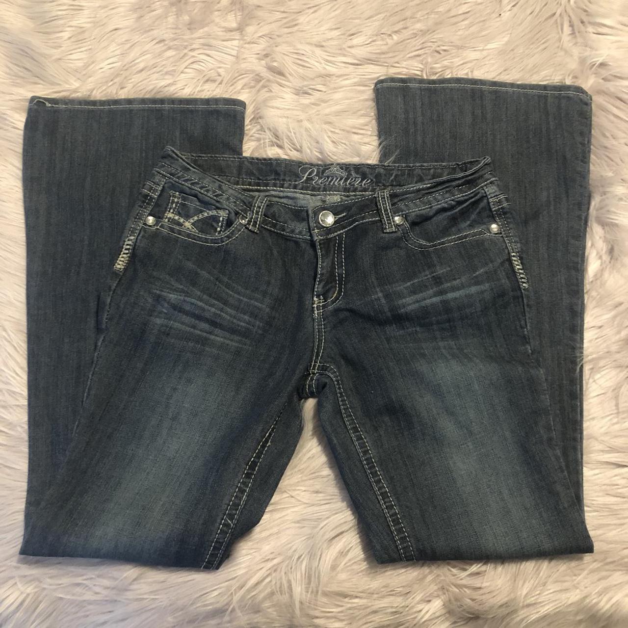 Premier medium wash rhinestone flare jeans size ... - Depop