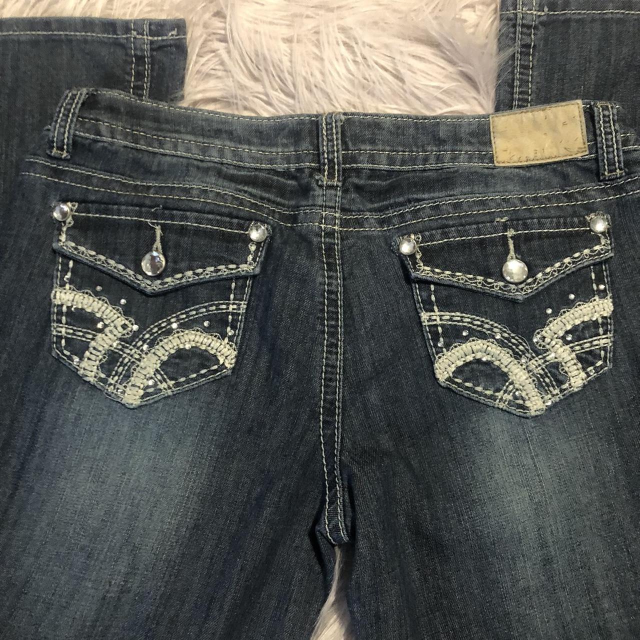 Premier medium wash rhinestone flare jeans size ... - Depop