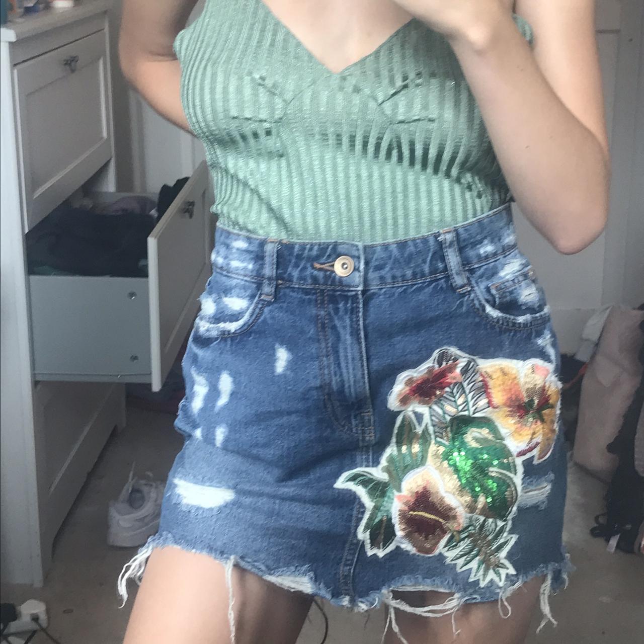 Sequin Floral Embroidered Skirt Zara Denim Mini Skirt Zara, With