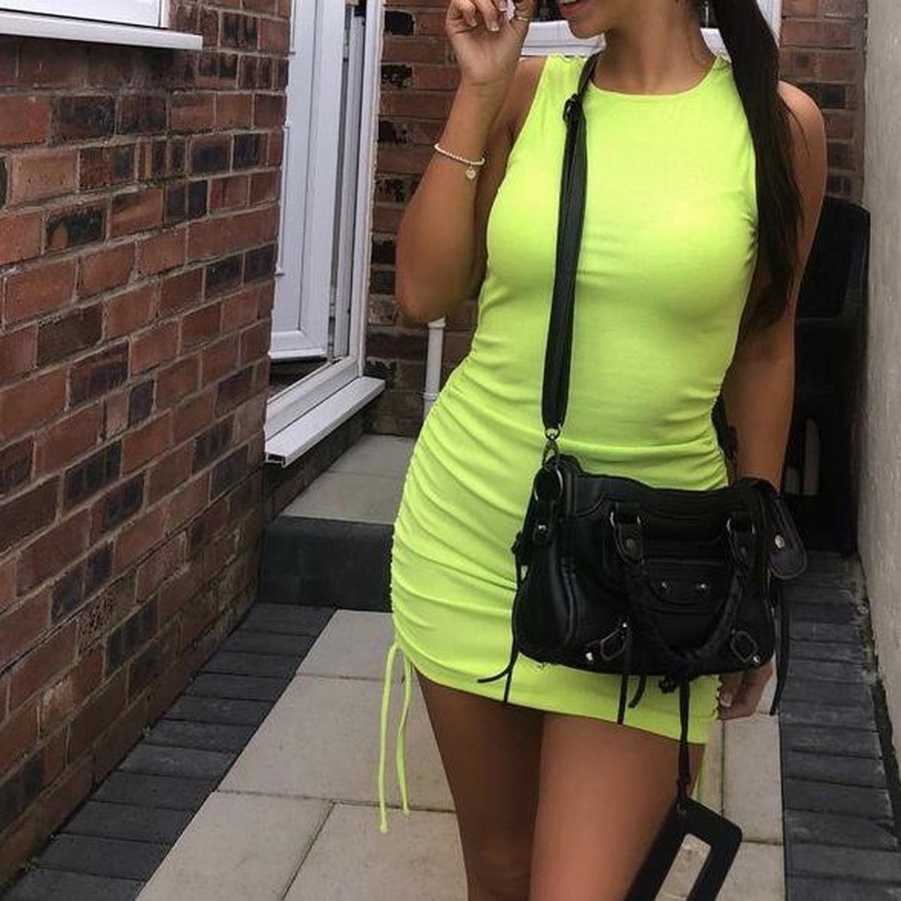 Neon lime green ruched dress stretchy dress... Depop