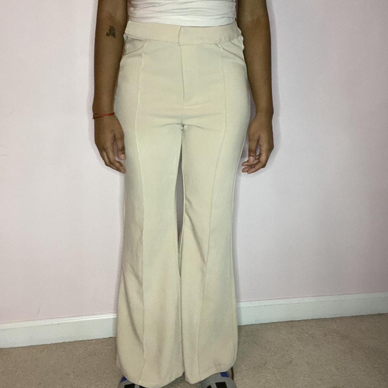 cream seam front flare leg pants measurements:... - Depop