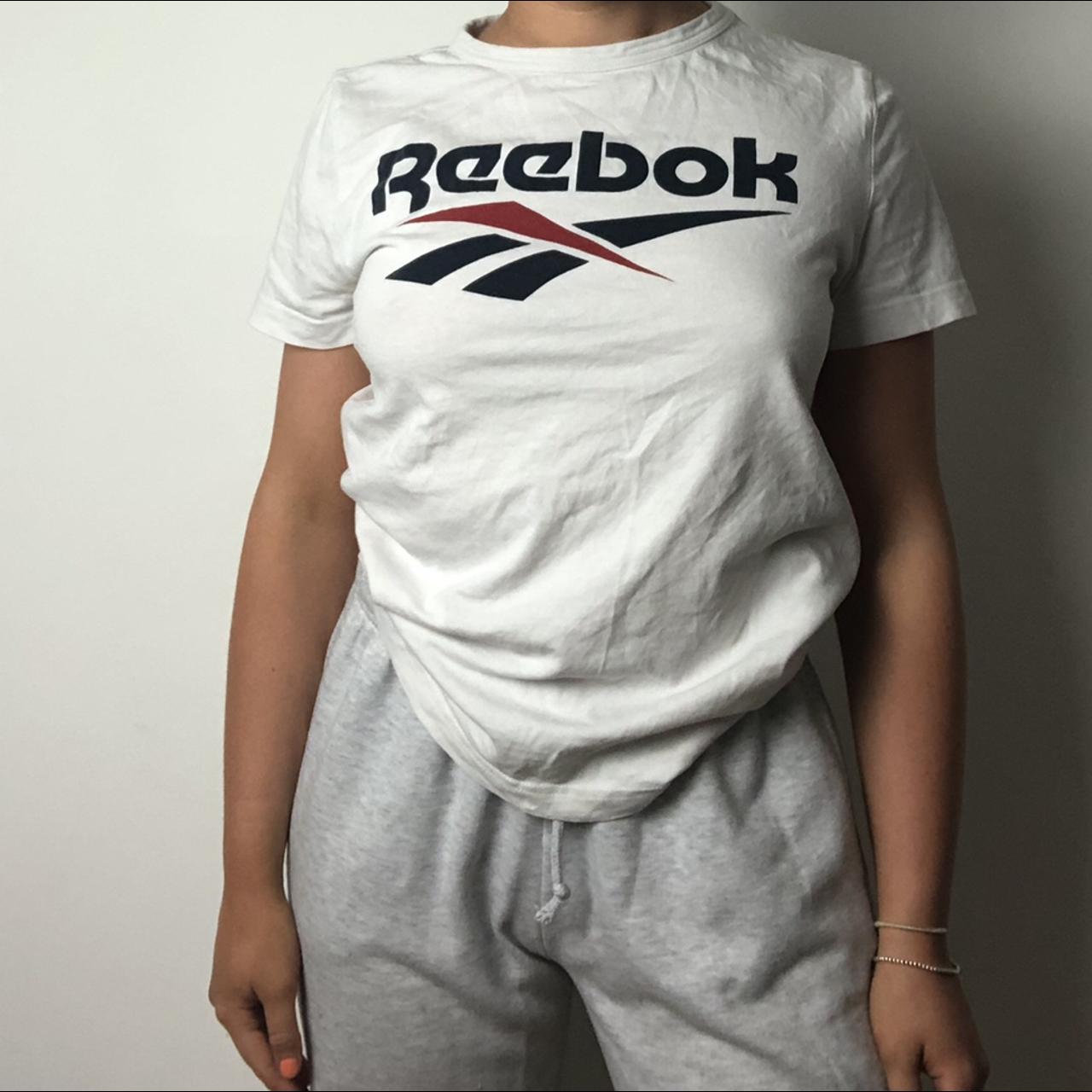 REEBOK WHITE T-SHIRT WITH BLUE AND RED LOGO Size S... - Depop
