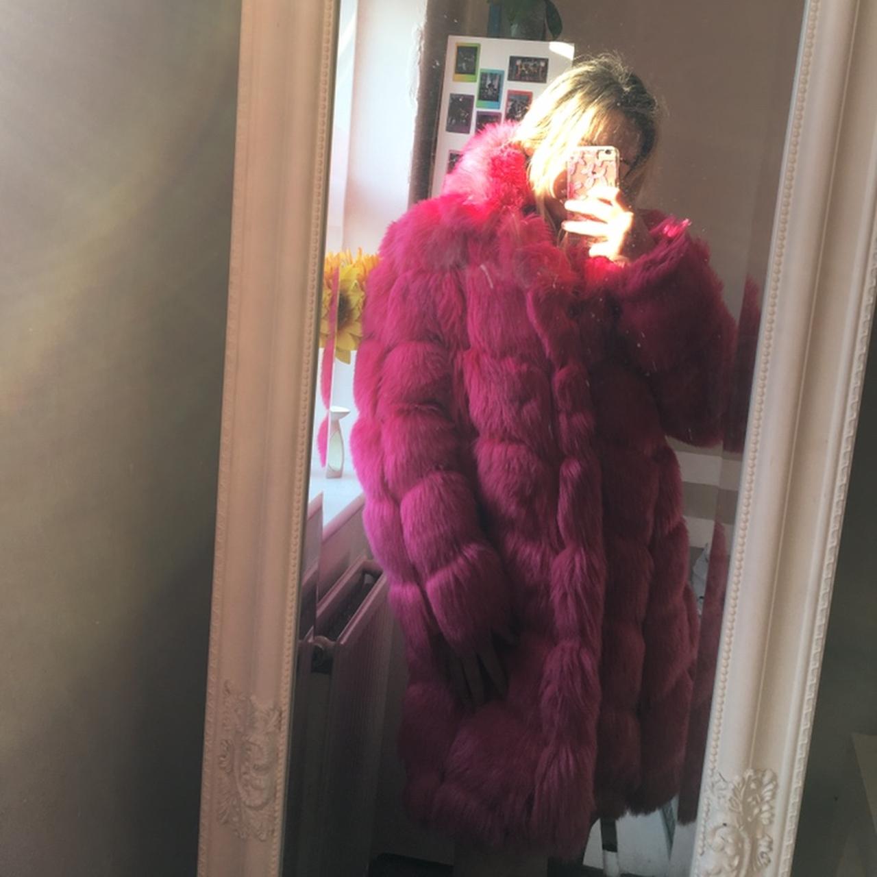 Oversized pink faux fur I love wearing Depop