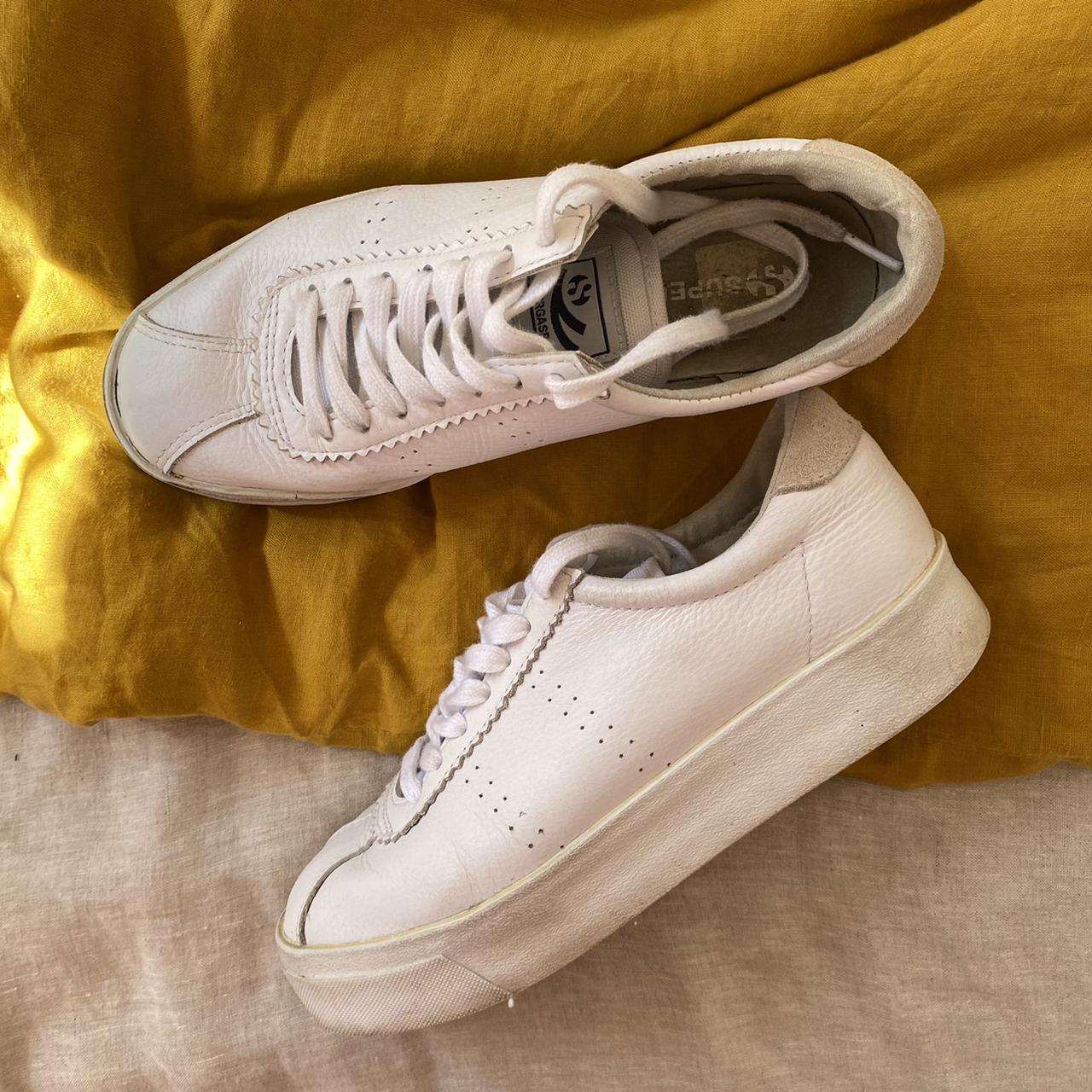 White, leather, platform Superga trainers. Slightly... - Depop