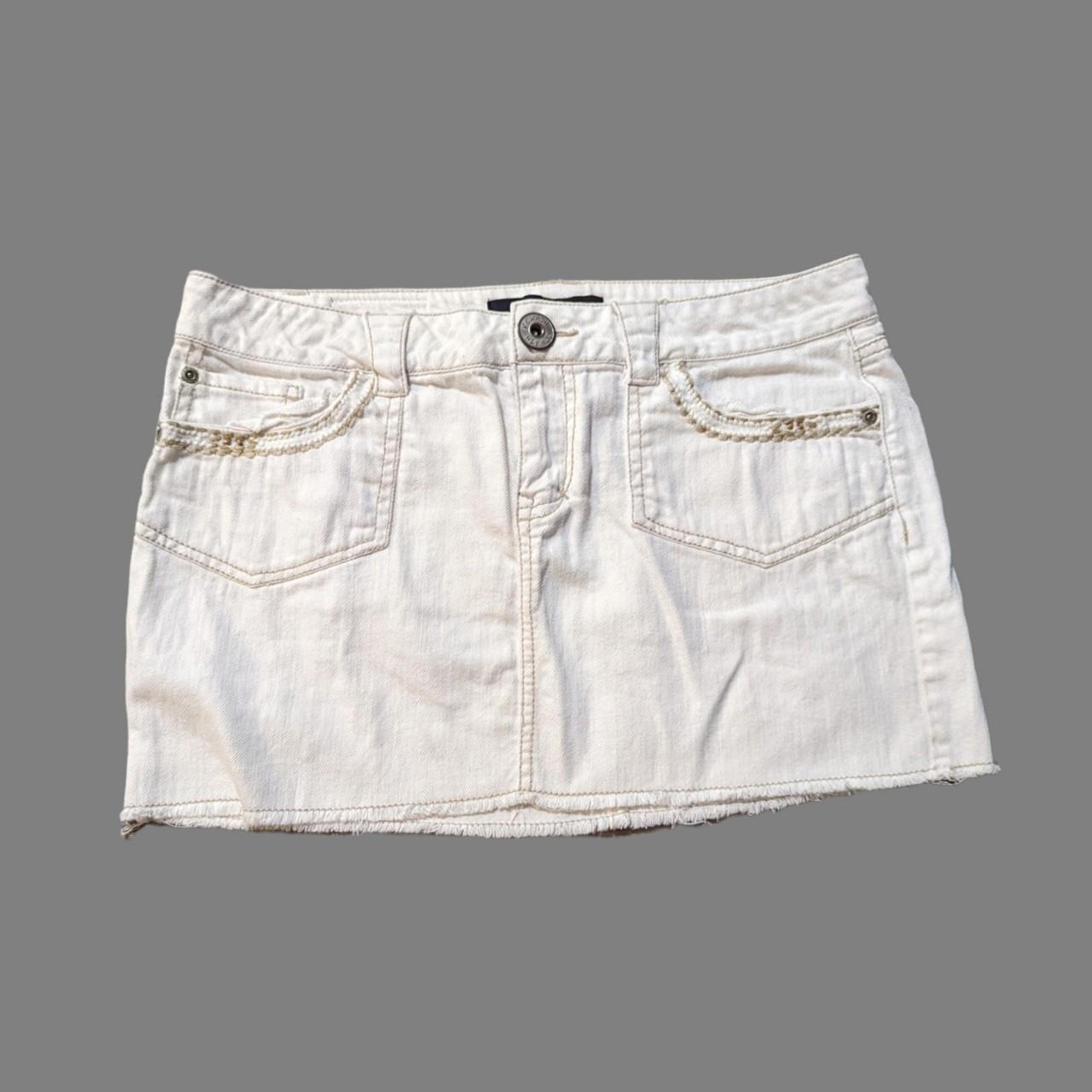 low rise white denim 2010's mini skirt, yellow... - Depop