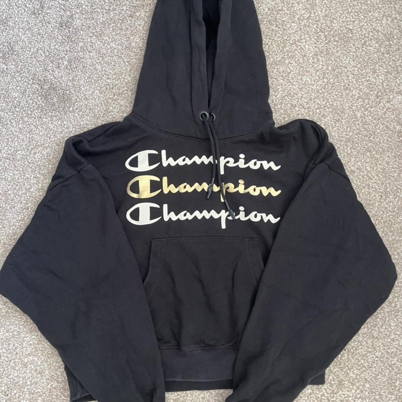 Black Cropped Champion Hoodie - size small (could... - Depop