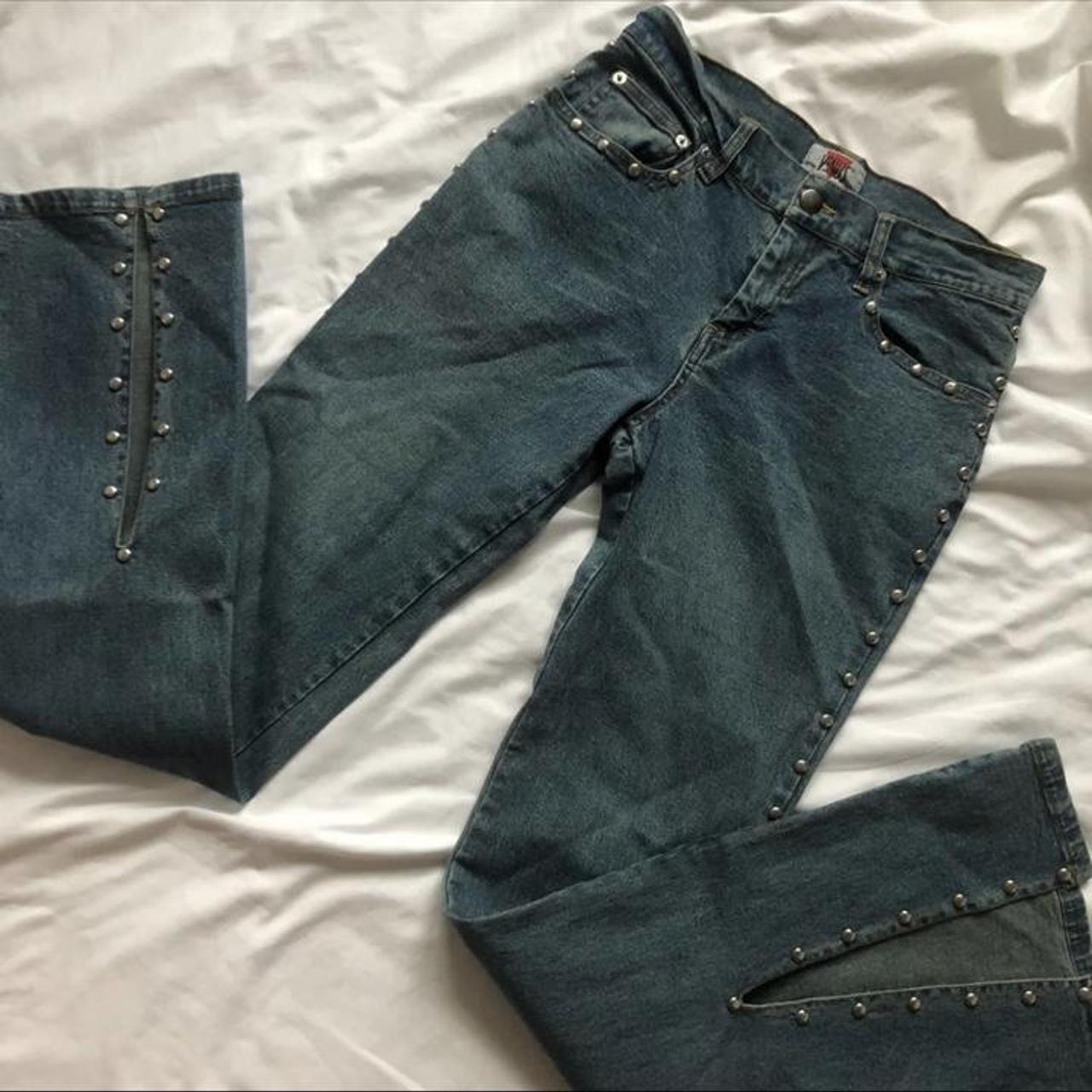 Vintage mid rise light wash studded jeans Size 3,... - Depop