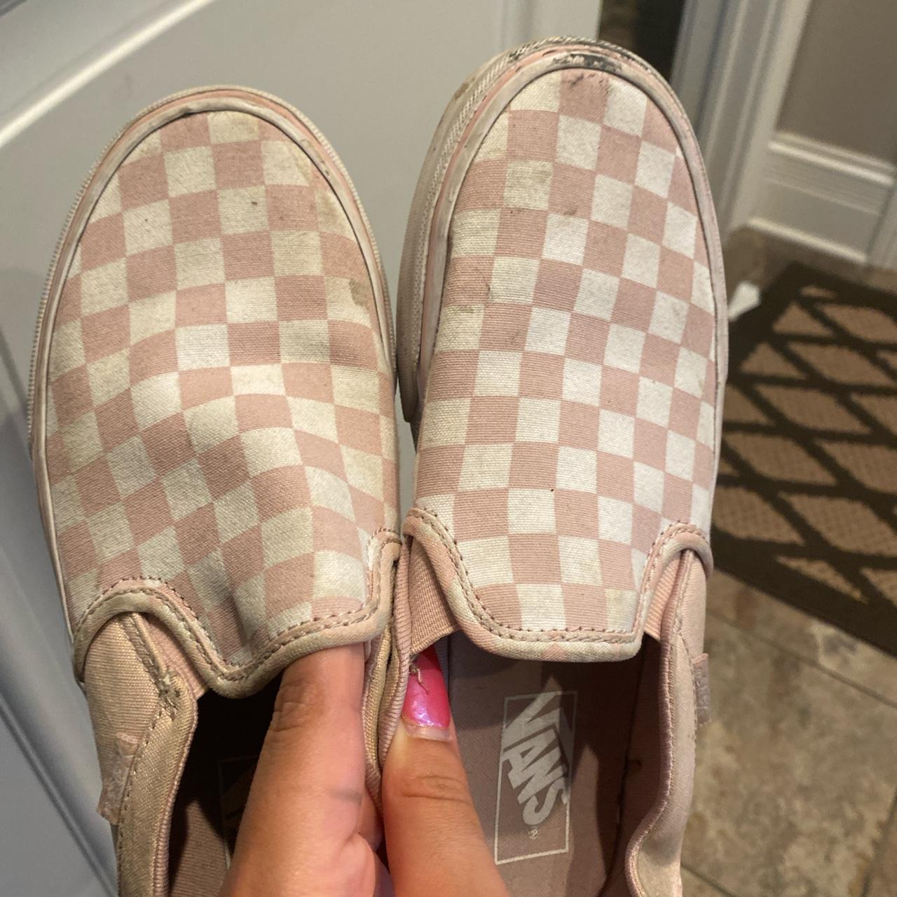 Pink and white checkered slip on vans lightly worn... - Depop