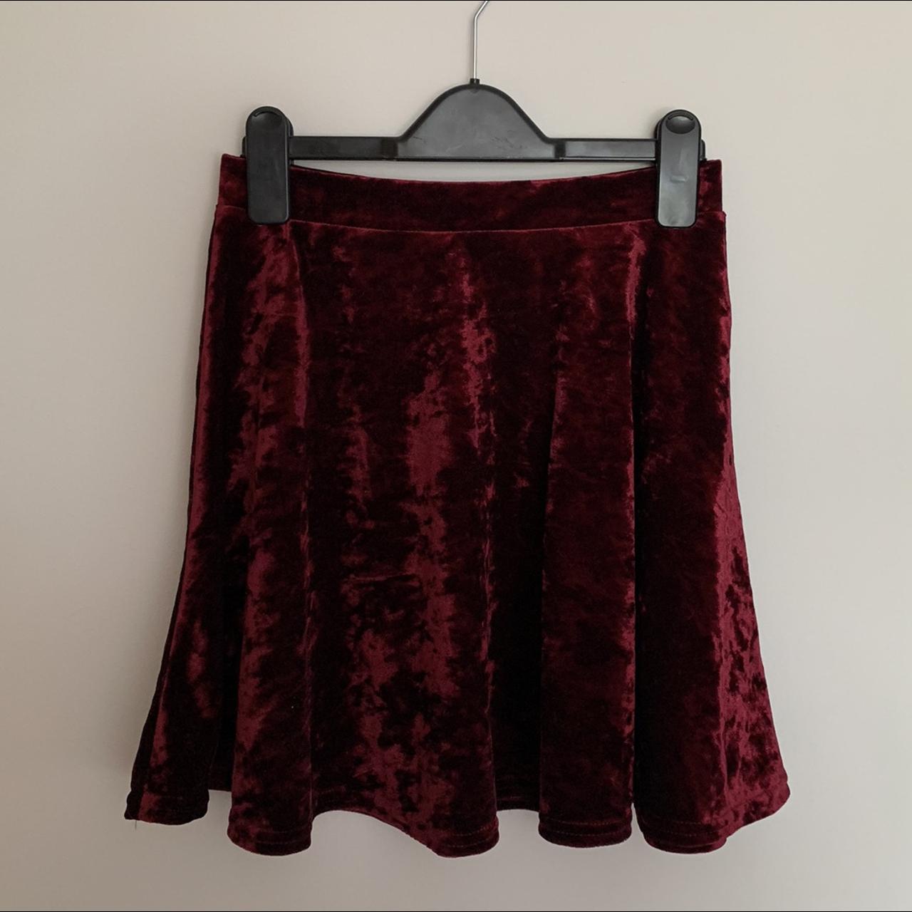 Topshop Crushed Velvet Burgundy Skater Skirt Worn... - Depop