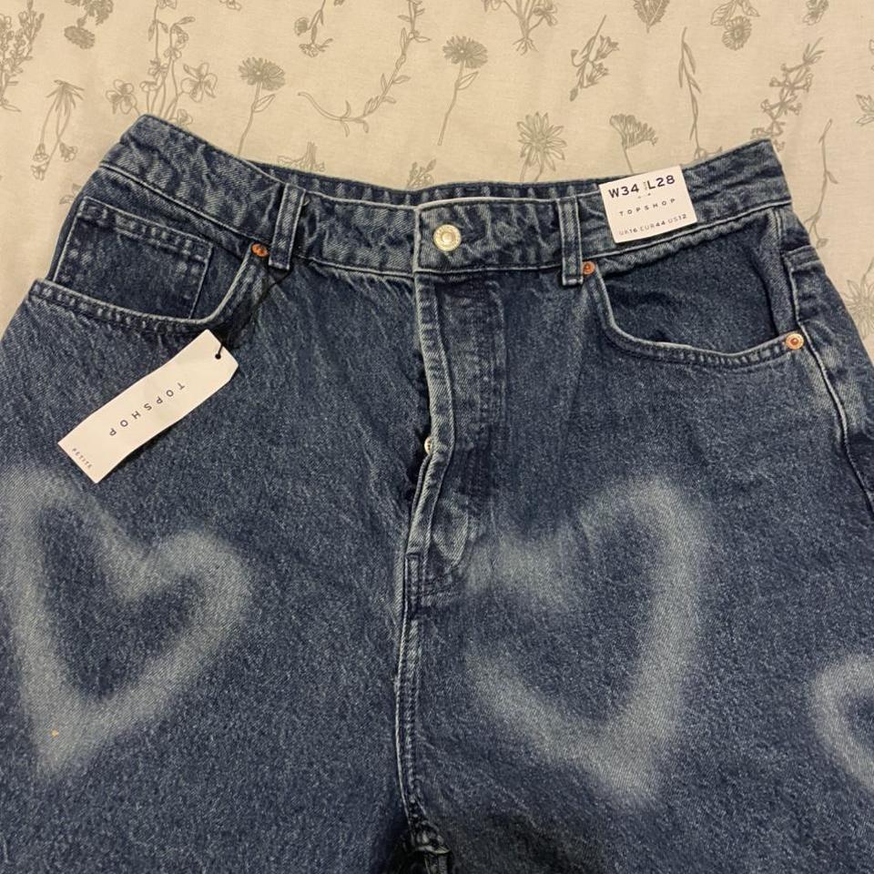 Topshop Petite mid blue heart oversized Mom jeans... - Depop