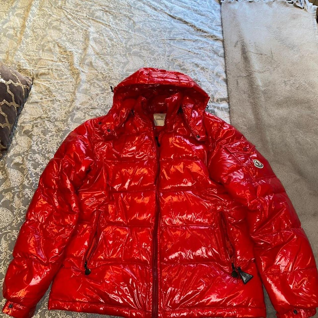 Red shiny moncler sale coat