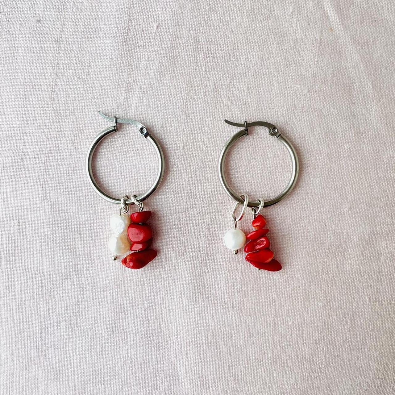 silver-hoop-earrings-with-red-coral-gem-charms-and-depop