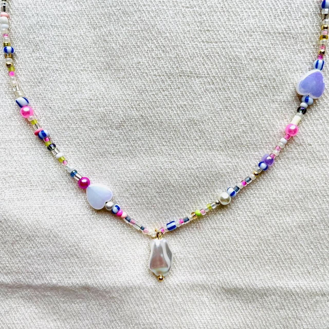 Pastel and pearl beaded necklace with faux baroque... - Depop