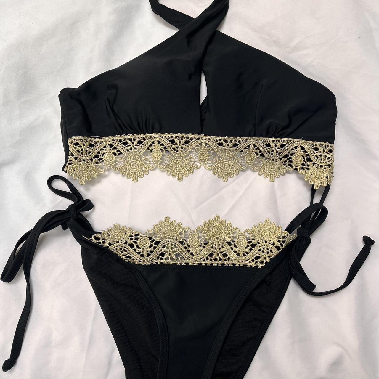 Beautiful Black and gold halter neck wrap bikini... - Depop