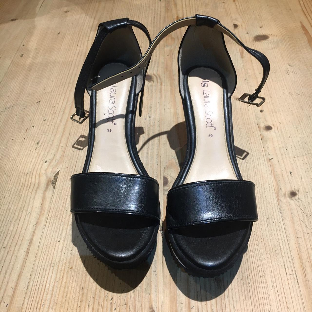 Ladies black and white wedge Strap around the ankles... - Depop