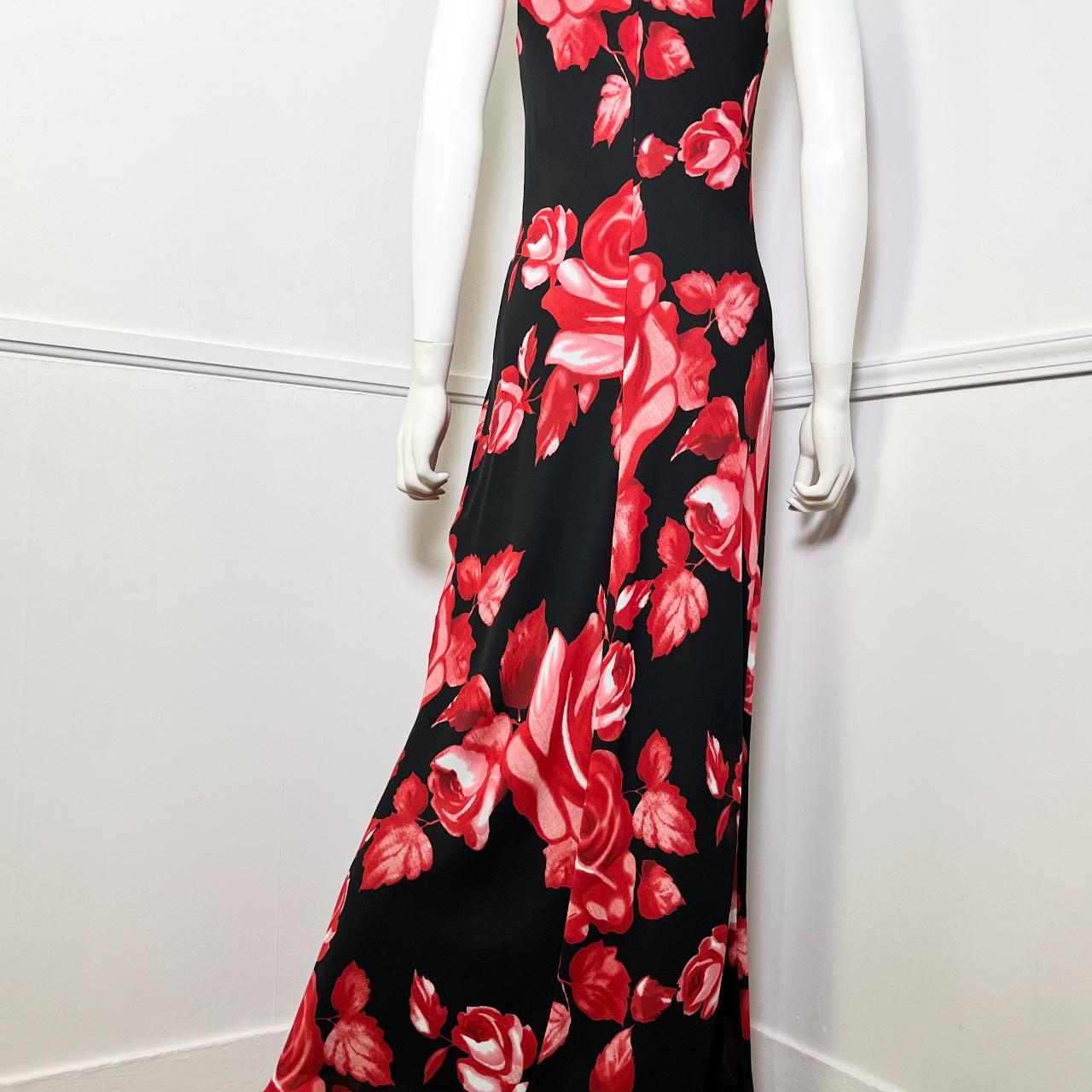 Y2K vintage black bias cut red rose print maxi - Depop