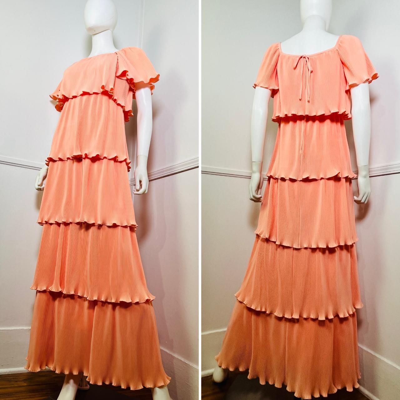 1970s vintage peach pleated tiered maxi gown. I am... - Depop