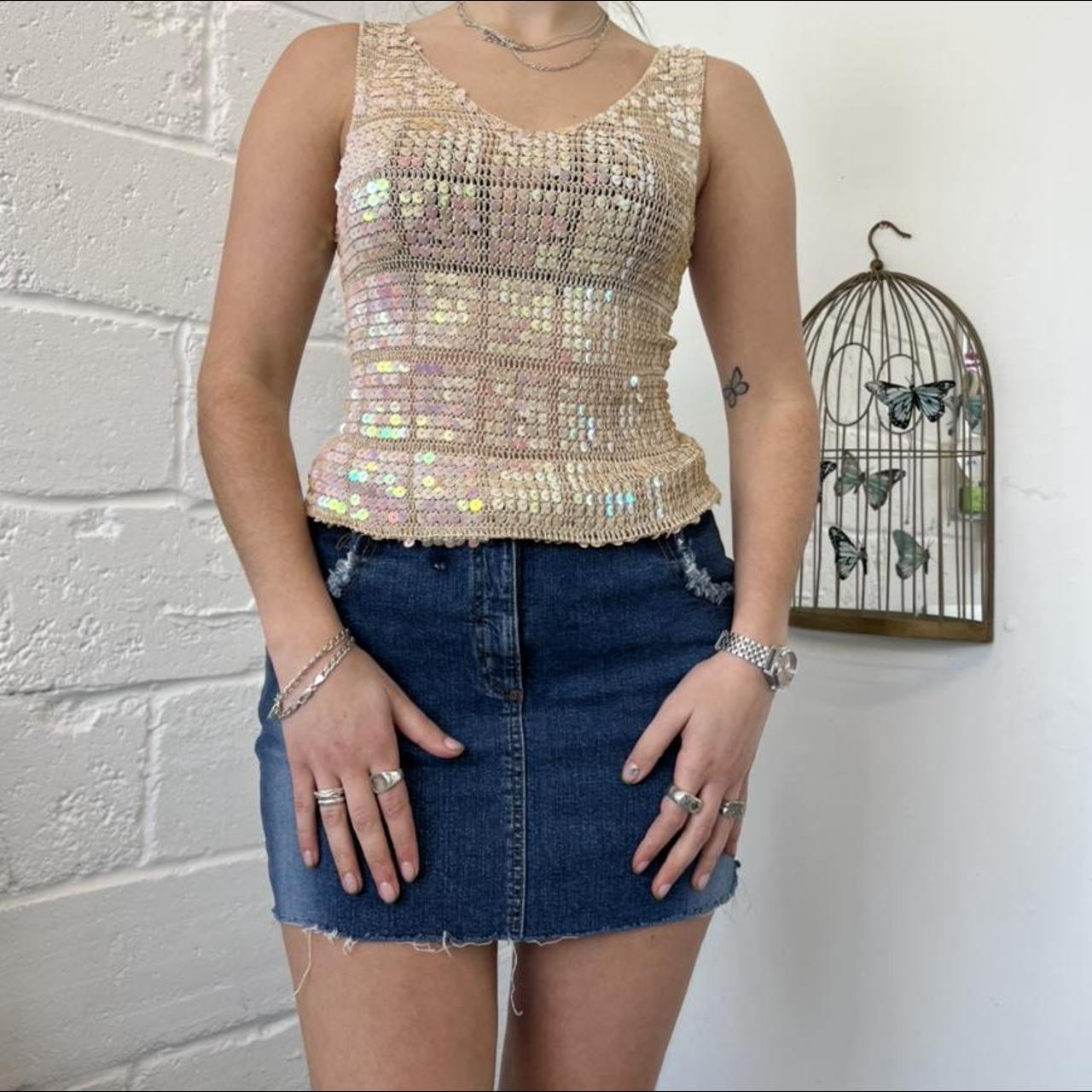 Vintage early 00s sequin crochet cami top. size M on... Depop