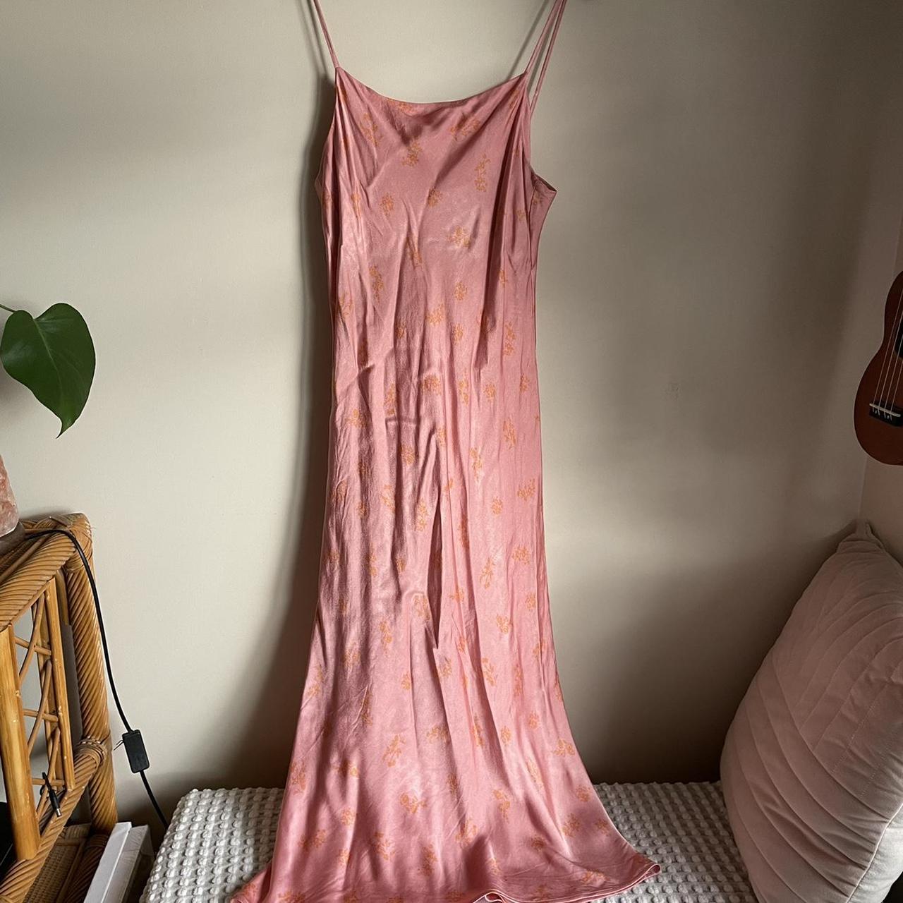 Pink silky midi dress 🌸 • orange flower detailing... Depop