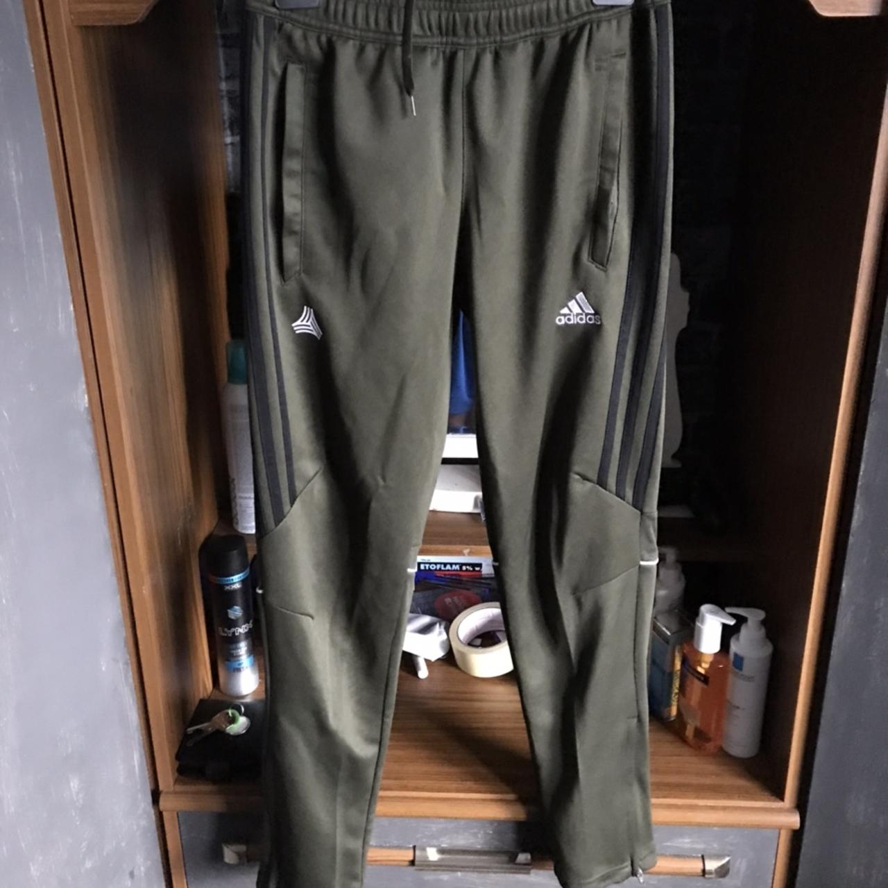 Green Khaki Adidas Tango Skinny Pants with black. Depop