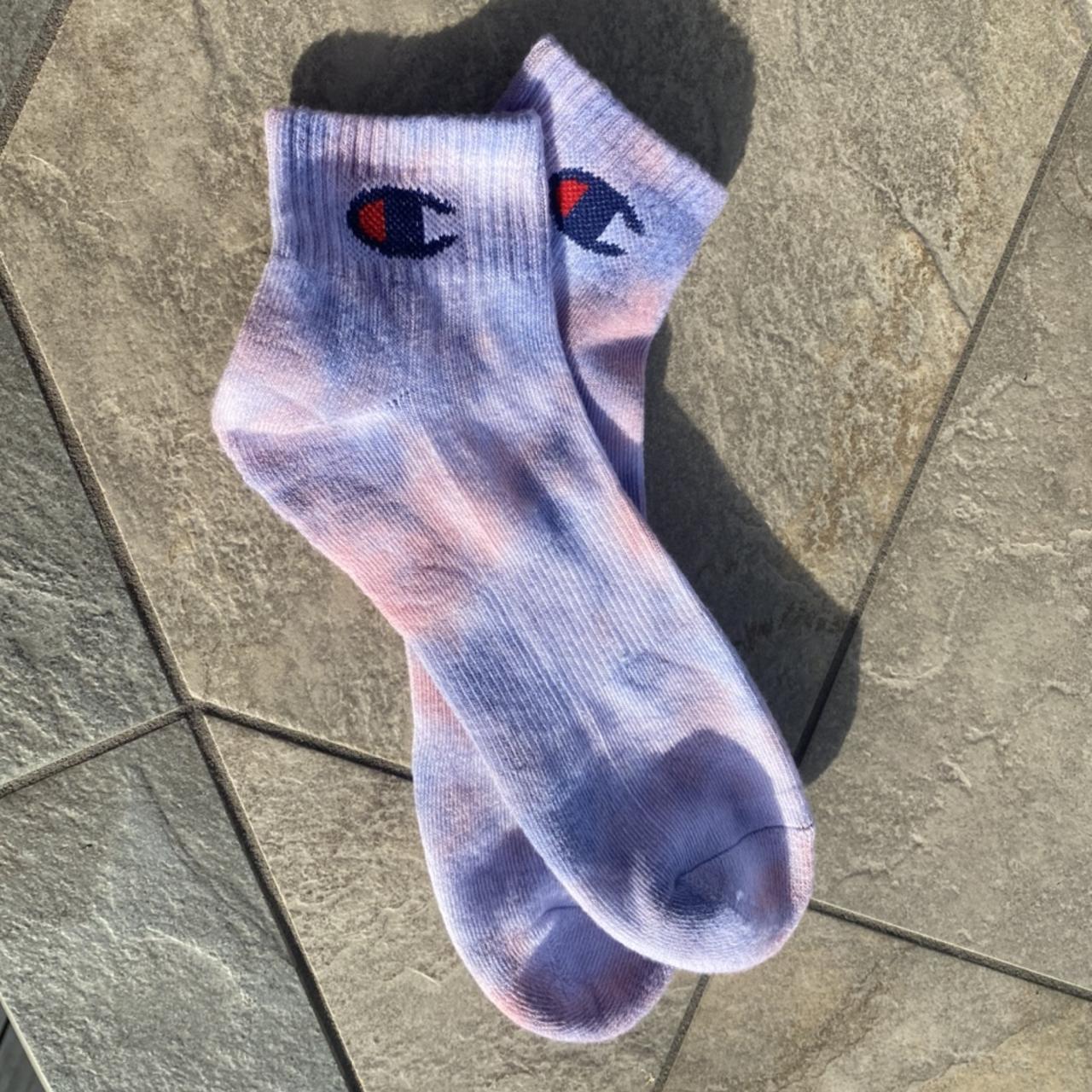 Custom Pink/Purple champion tie dye socks Mid rise - Depop