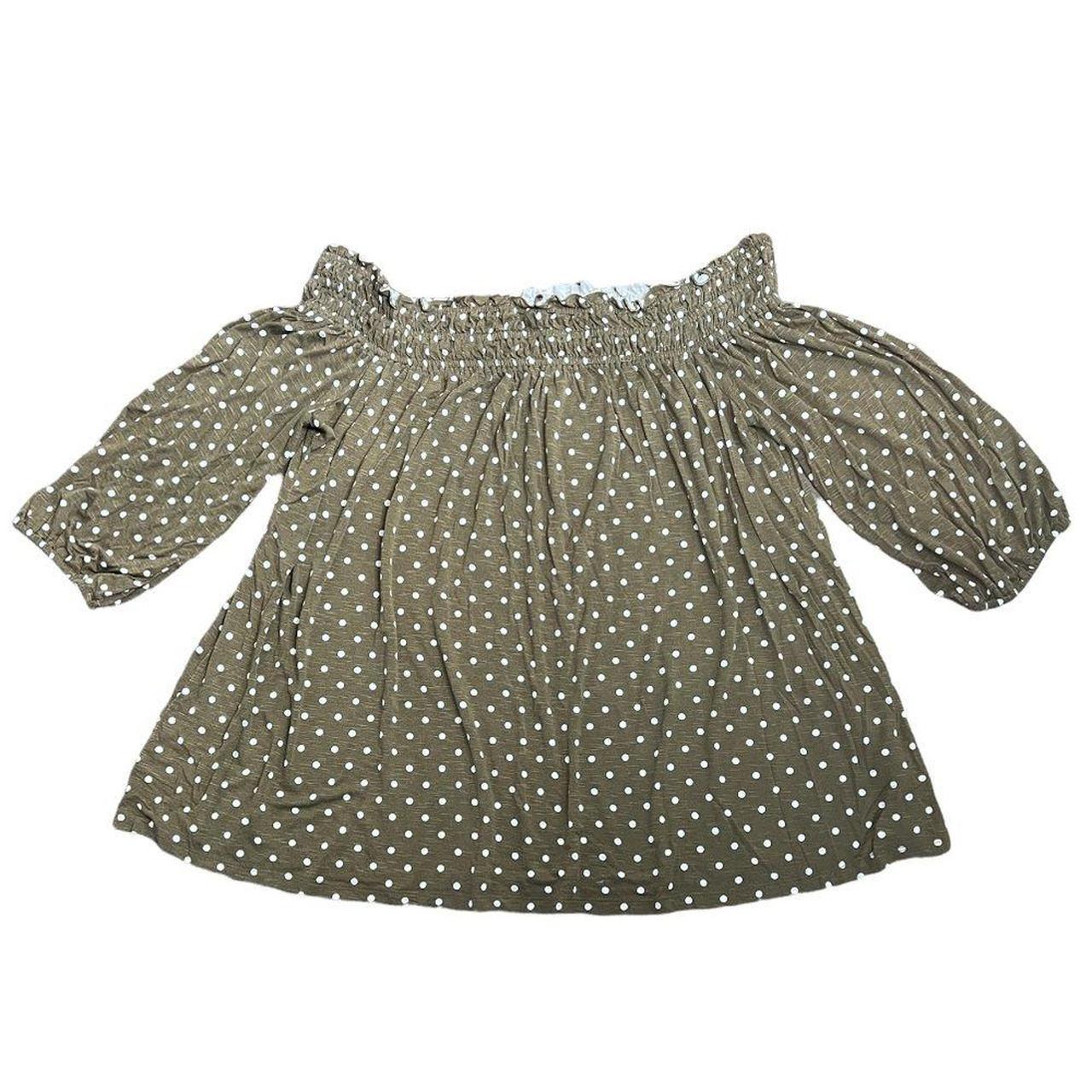 Olive Green & White Polka Dot Smocked Neckline... - Depop