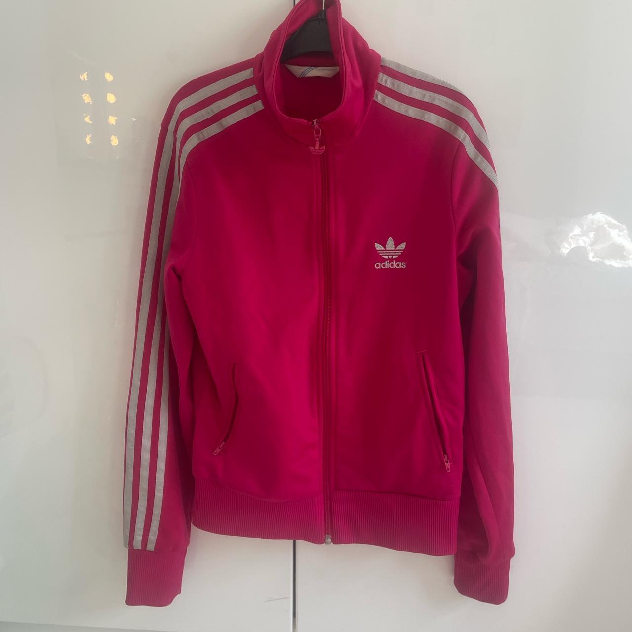 Bright pink 3 stripe adidas track jacket with zip... - Depop