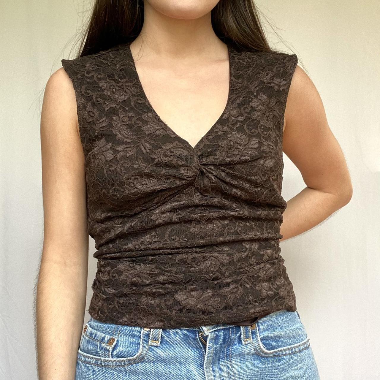 Brown lace tank top Y2k tank top with twist in... Depop