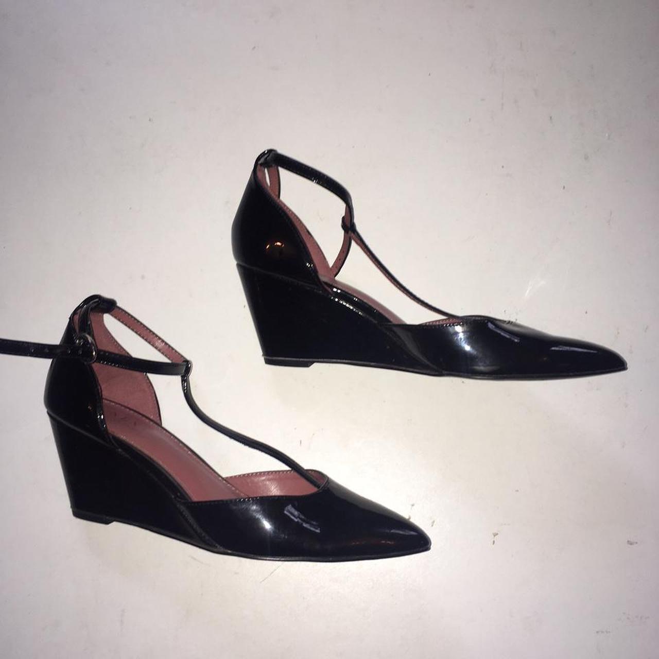 Ladies stunning black leather patent t bar shoes... - Depop