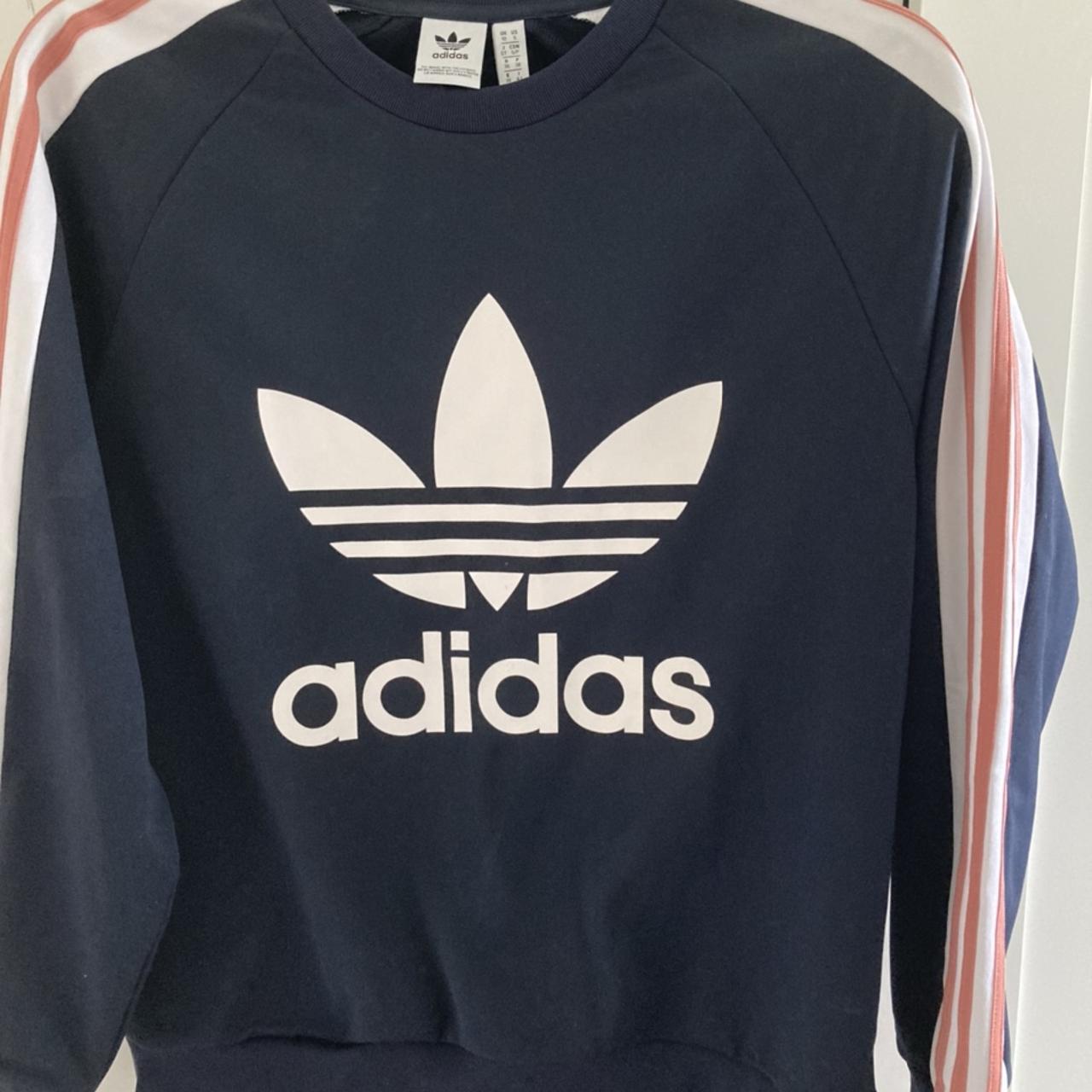 Vintage Adidas navy sweatshirt with pink stripes... - Depop