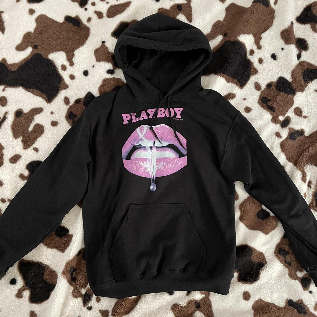 black playboy hoodie with pink lettering and graphic... - Depop