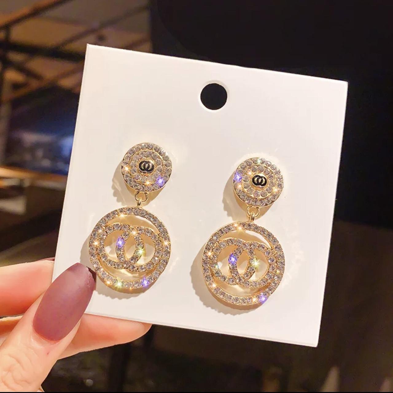 Luxury Rhinestone Chanel inspired Earrings for Women - Depop