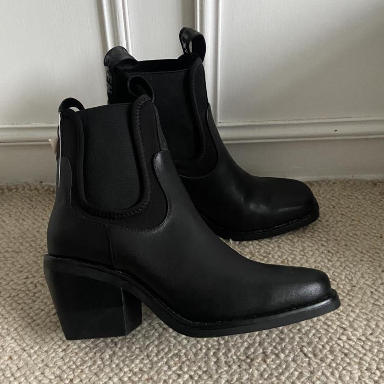 black leather square toe cowboy boots in black.... - Depop