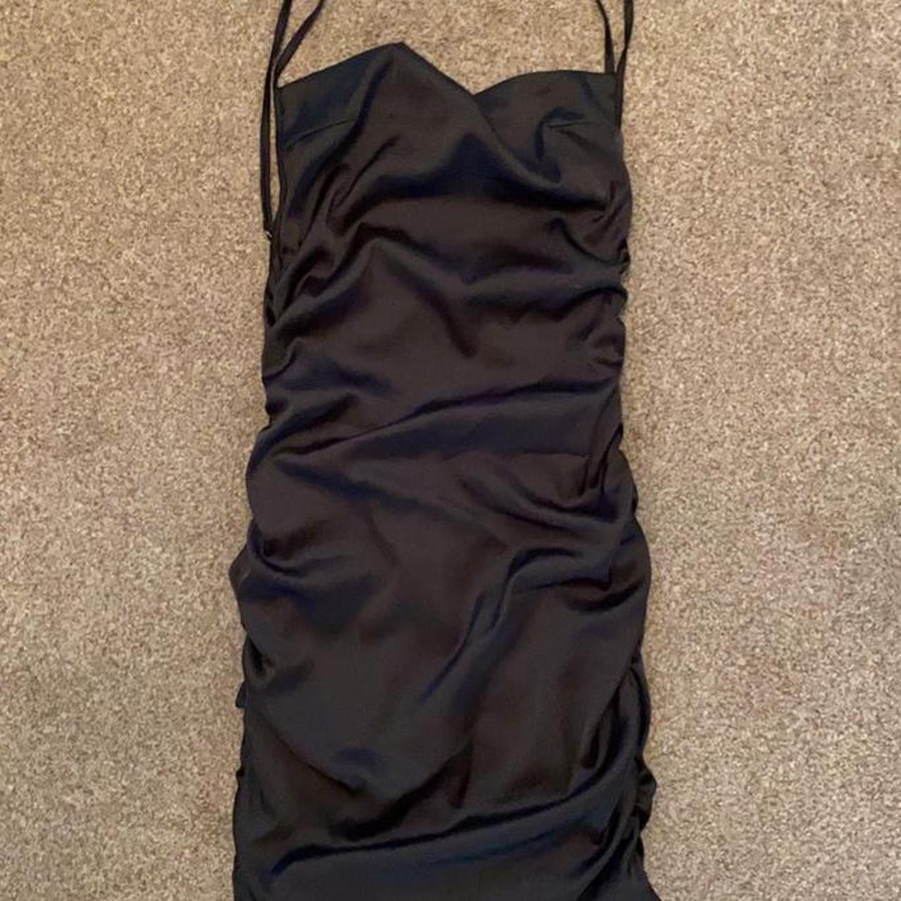 Sweetener Backless Ruched Satin Mini Dress in Black,... - Depop