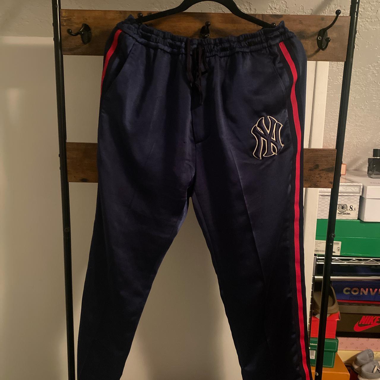 Navy Track pants with NY Yankees embroidered Depop